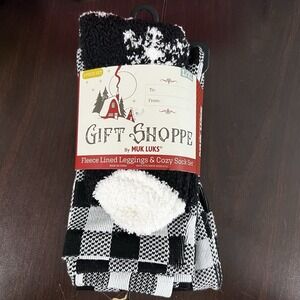 MUK LUKS Fleece Lined Leggings & Cozy Sock‎ Set NWT  Black & White Check - L/XL